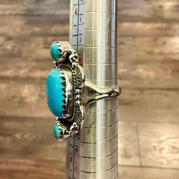 Unique Kingman Turquoise 3 Stone Ring Southwestern Sterling Silver Framed - Picture 2 of 6